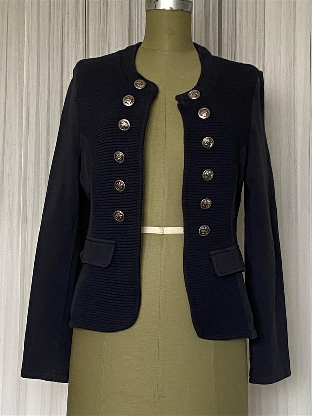 Navy Double-Row Gun Metal Button Military-Style Women’s Open Front Textured Lrg